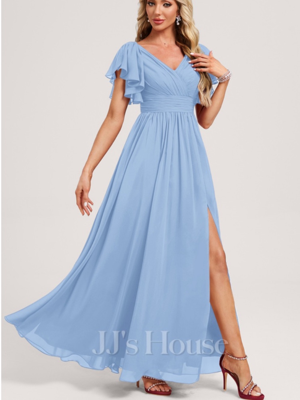 JJs House Light Blue V-Neck Flutter Sleeve Maxi Dress Anaelle A-line ruffle